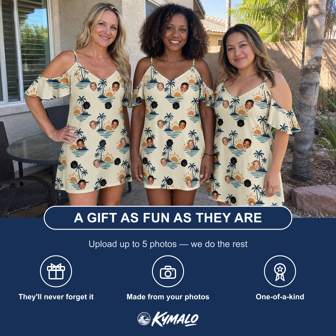 Friends in matching Women's Vinyl Vista Custom Face Off-Shoulder Dress — a group gift photo