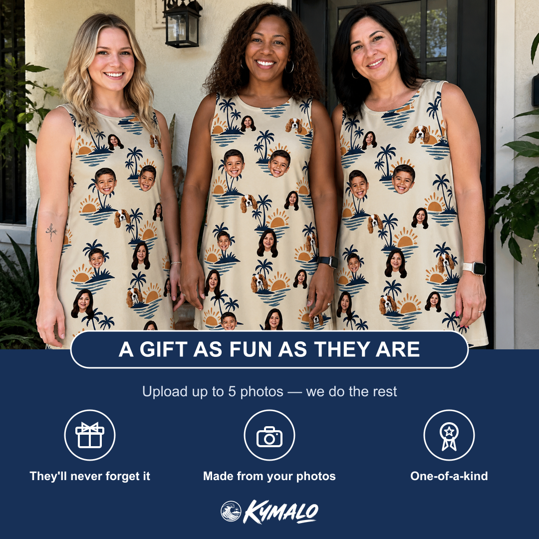 Friends in matching Women's Vinyl Vista Custom Face Tank Dress — a group gift photo