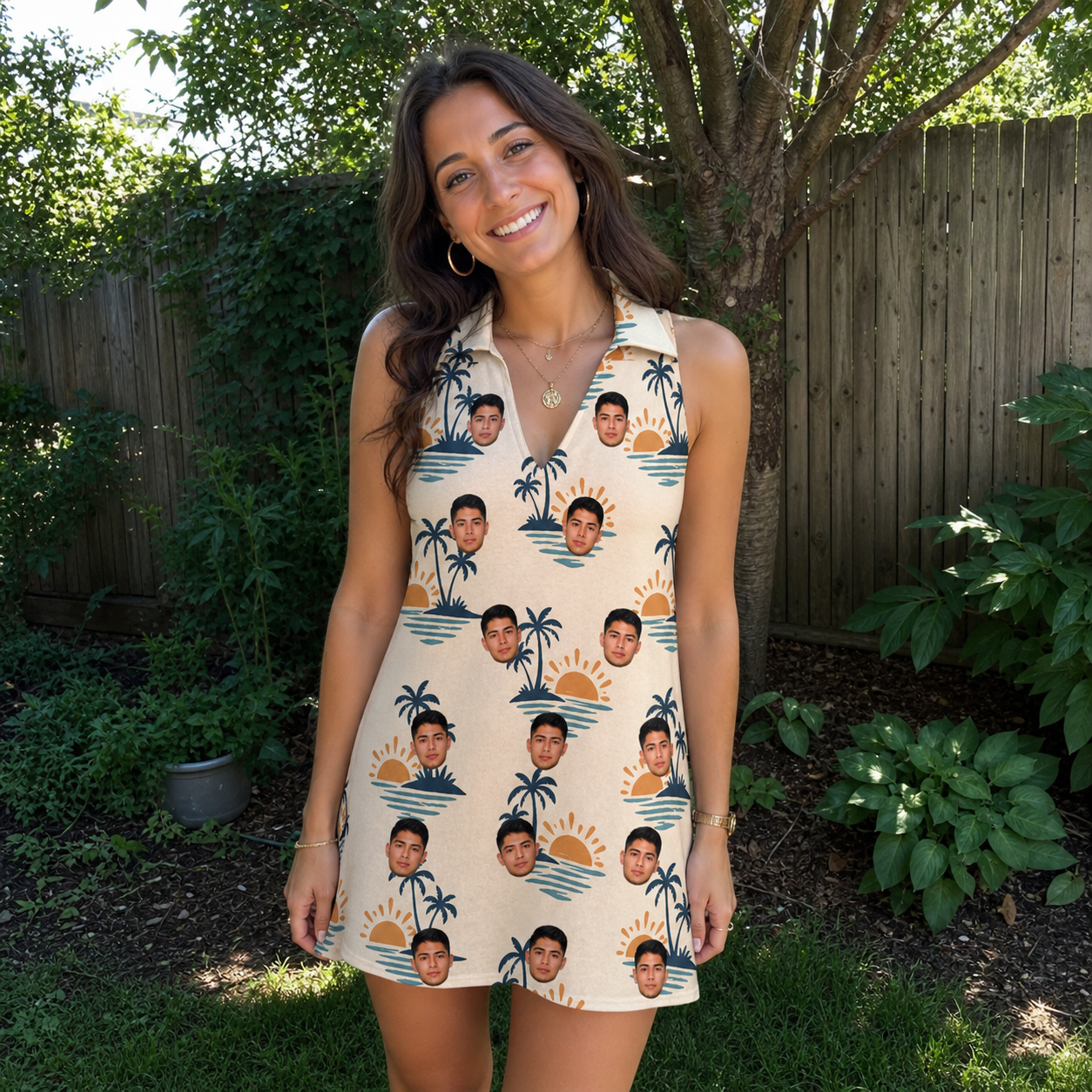 Real-life photo of someone wearing Women's Vinyl Vista Custom Face V-Neck Dress — custom faces printed all-over