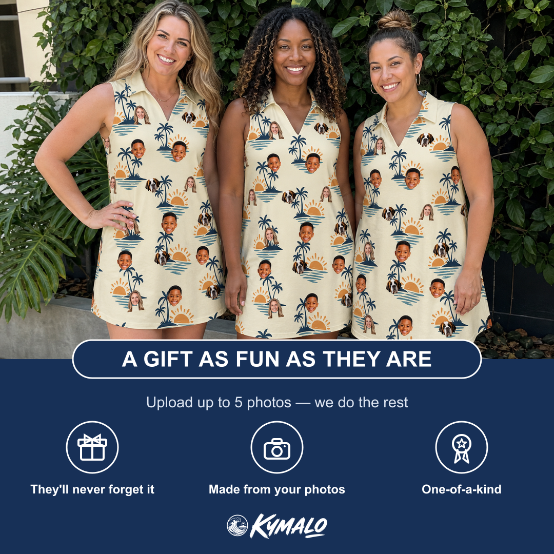 Friends in matching Women's Vinyl Vista Custom Face V-Neck Dress — a group gift photo