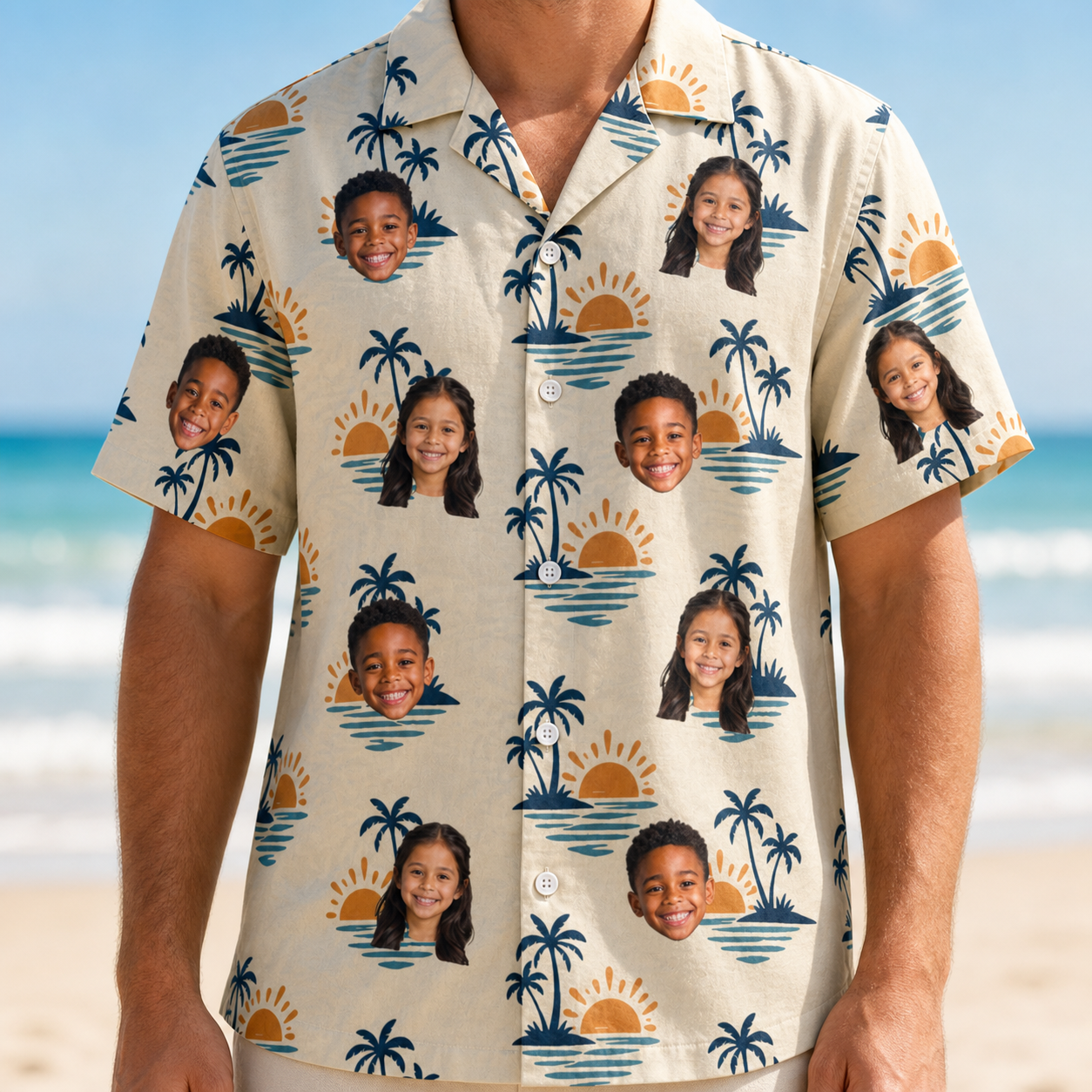 Model wearing Men's Vinyl Vista Custom Face Hawaiian Shirt printed with kids' faces