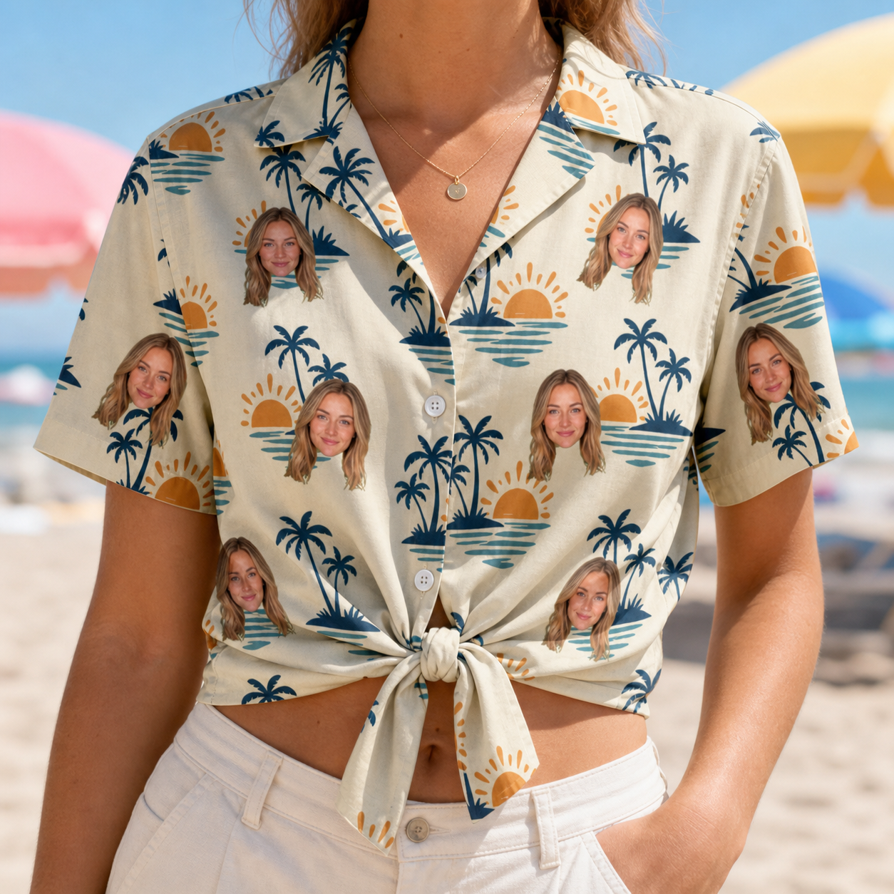 Woman wearing Women's Vinyl Vista Custom Face Hawaiian Shirt tied at the waist