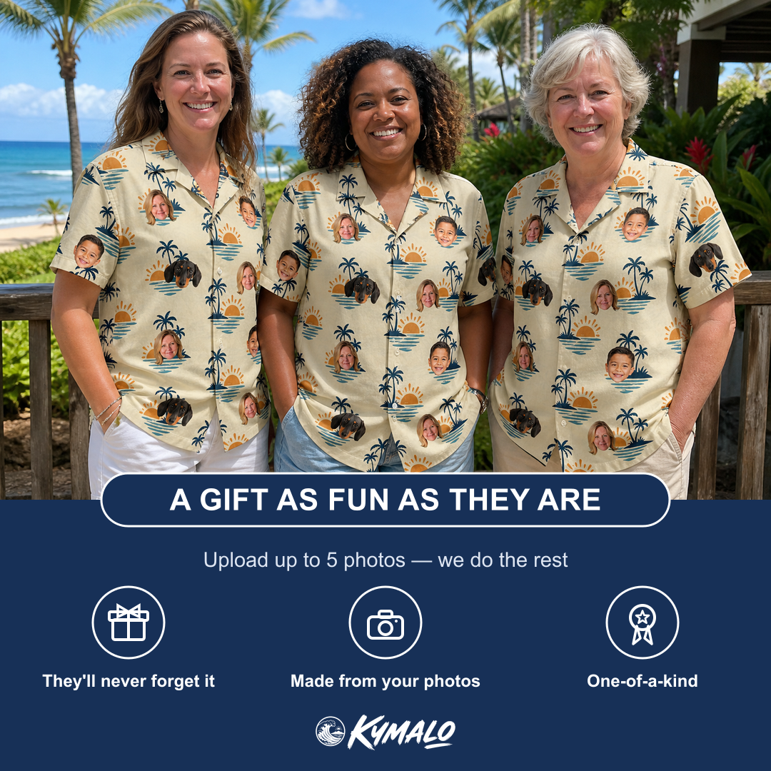 Friends in matching Women's Vinyl Vista Custom Face Hawaiian Shirt — a group gift photo
