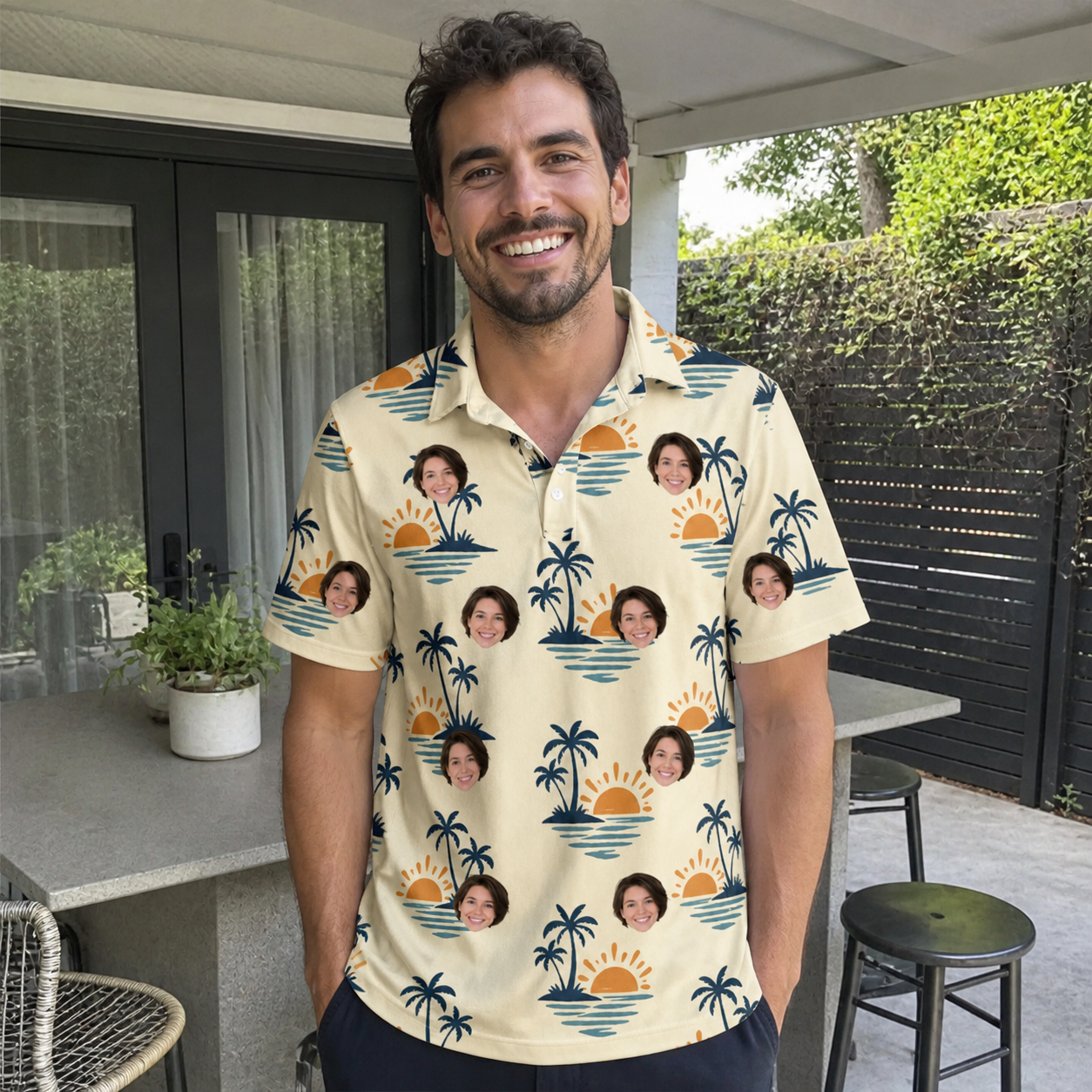 Real-life photo of someone wearing Men's Vinyl Vista Custom Face Polo Shirt — custom faces printed all-over