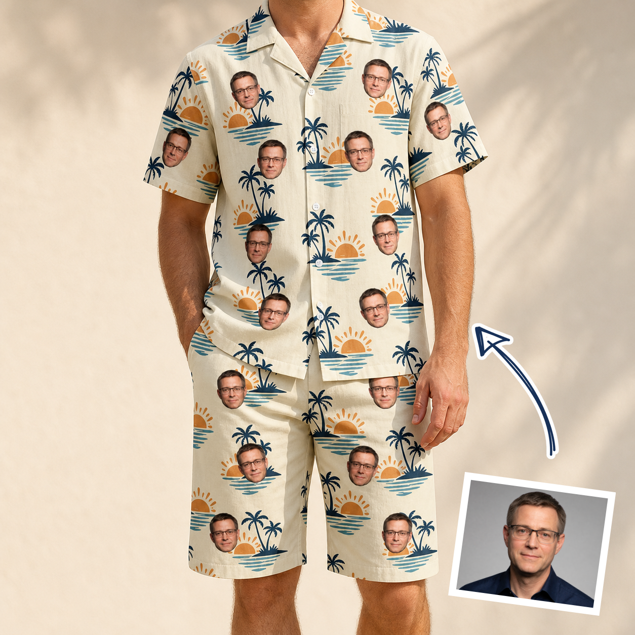 Man wearing Men's Vinyl Vista Custom Face Shirt & Shorts Set — custom faces printed all-over