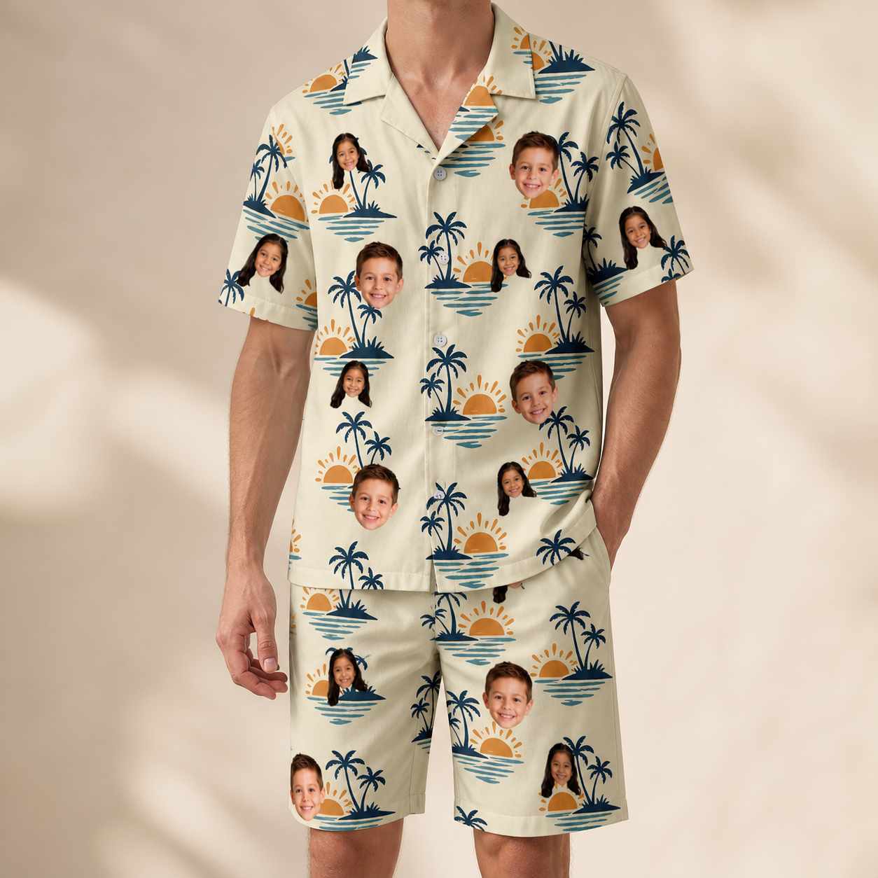 Model wearing Men's Vinyl Vista Custom Face Shirt & Shorts Set printed with kids' faces