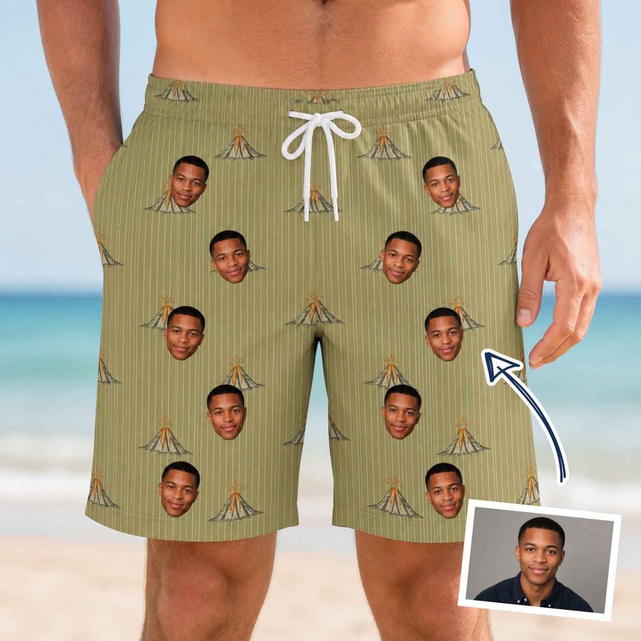 Man wearing Men's Cinder Calypso Custom Face Beach Shorts — custom faces printed all-over