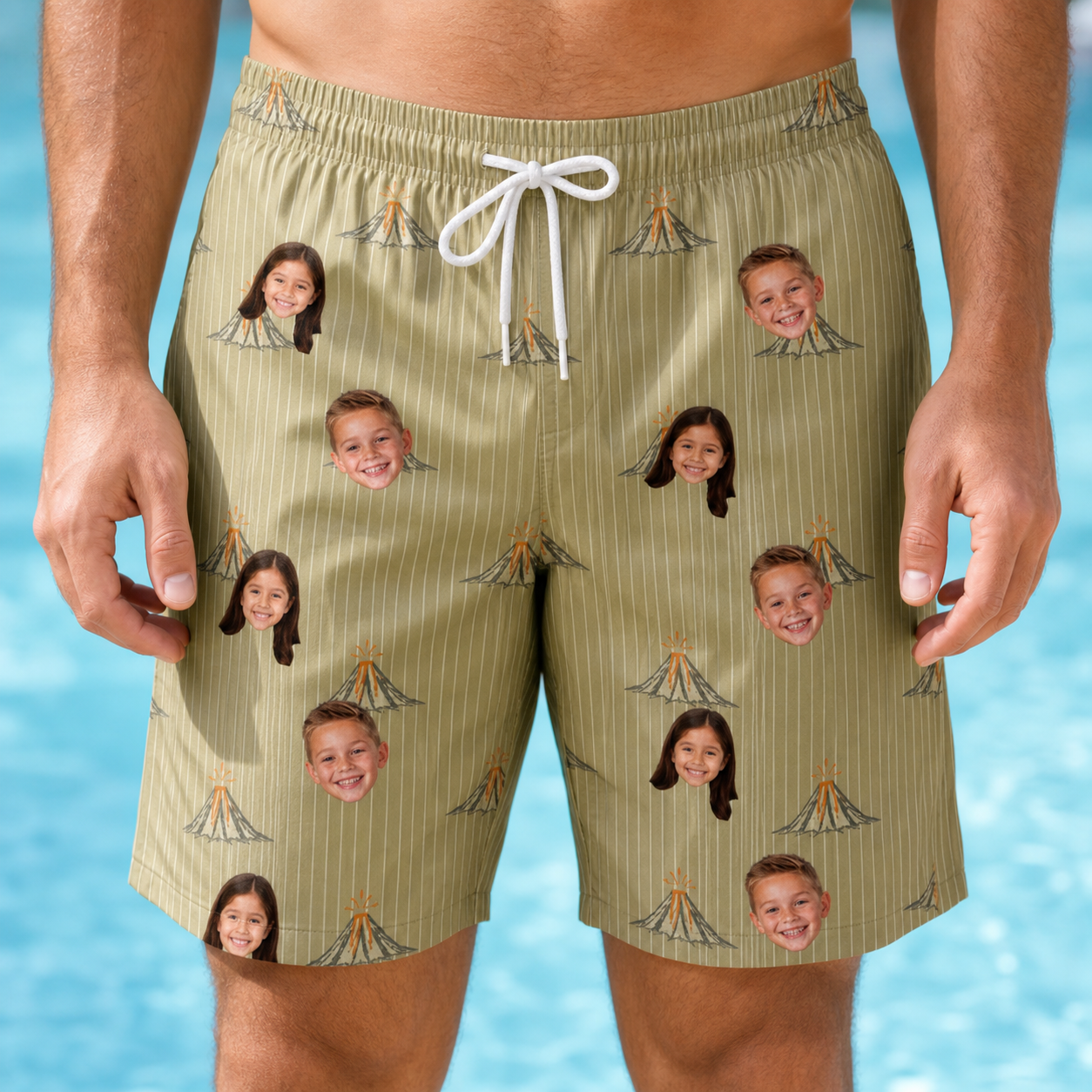 Model wearing Men's Cinder Calypso Custom Face Beach Shorts printed with kids' faces