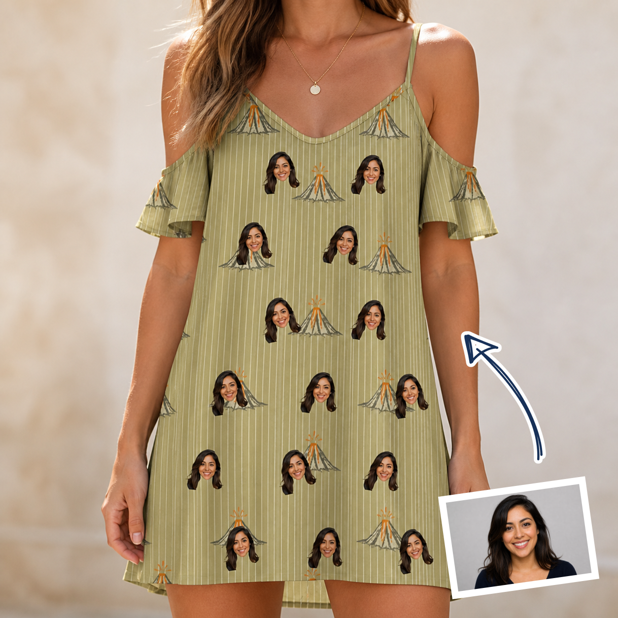 Woman wearing Women's Cinder Calypso Custom Face Off-Shoulder Dress — custom faces printed all-over