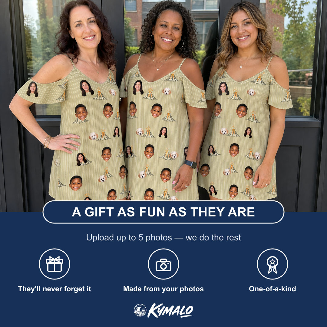 Friends in matching Women's Cinder Calypso Custom Face Off-Shoulder Dress — a group gift photo