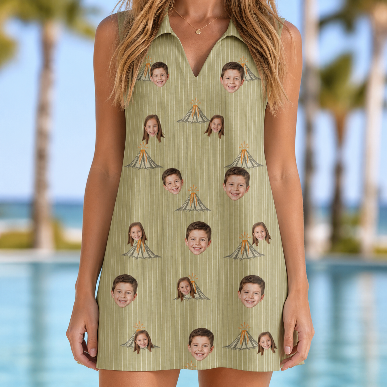 Model wearing Women's Cinder Calypso Custom Face V-Neck Dress printed with kids' faces