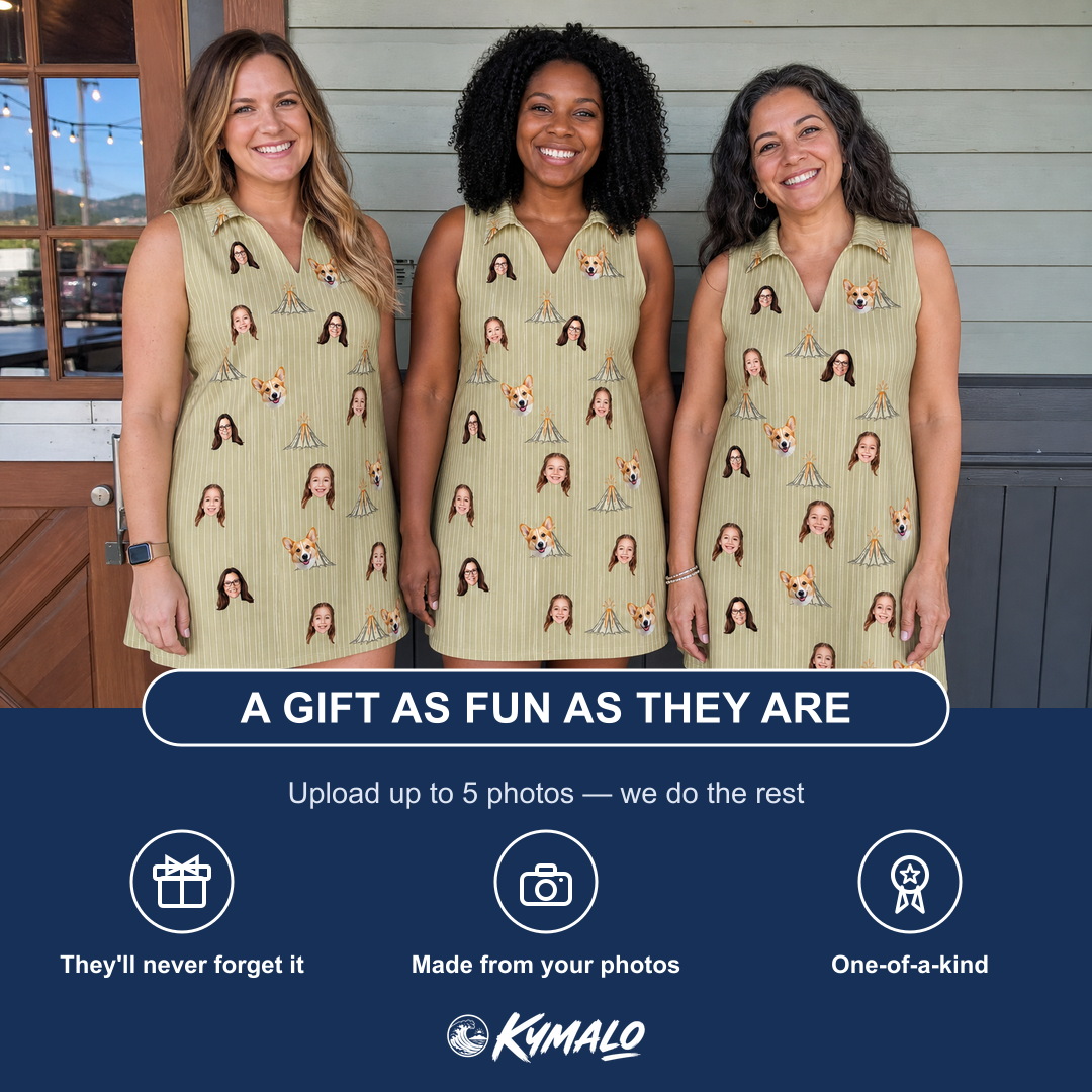 Friends in matching Women's Cinder Calypso Custom Face V-Neck Dress — a group gift photo