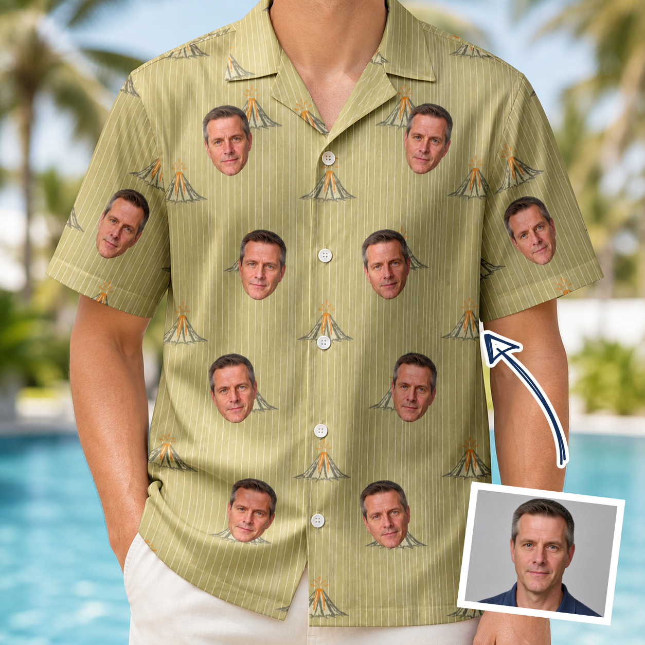 Man wearing Men's Cinder Calypso Custom Face Hawaiian Shirt — custom faces printed all-over