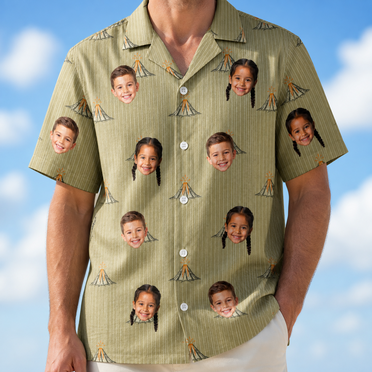 Model wearing Men's Cinder Calypso Custom Face Hawaiian Shirt printed with kids' faces