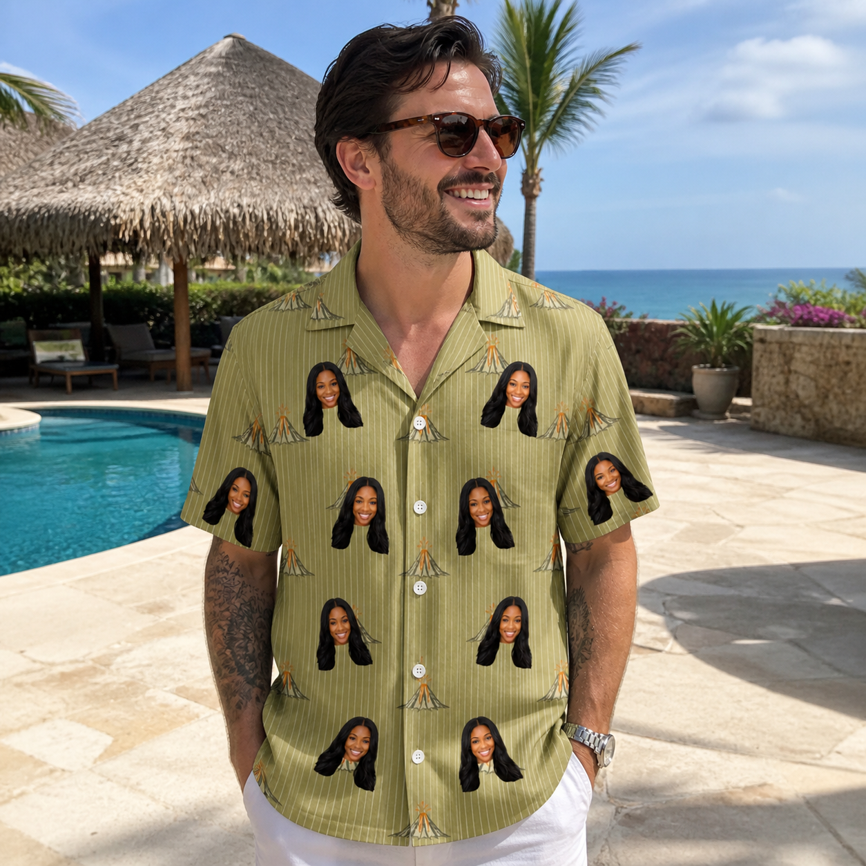 Real-life photo of someone wearing Men's Cinder Calypso Custom Face Hawaiian Shirt — custom faces printed all-over