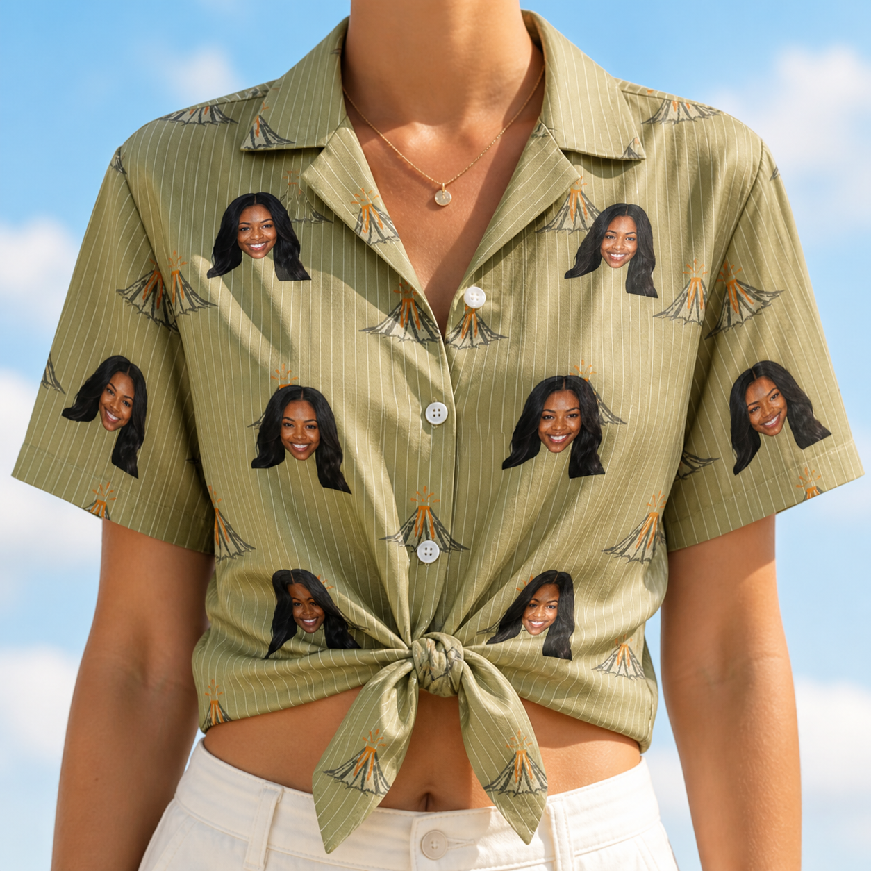 Woman wearing Women's Cinder Calypso Custom Face Hawaiian Shirt tied at the waist