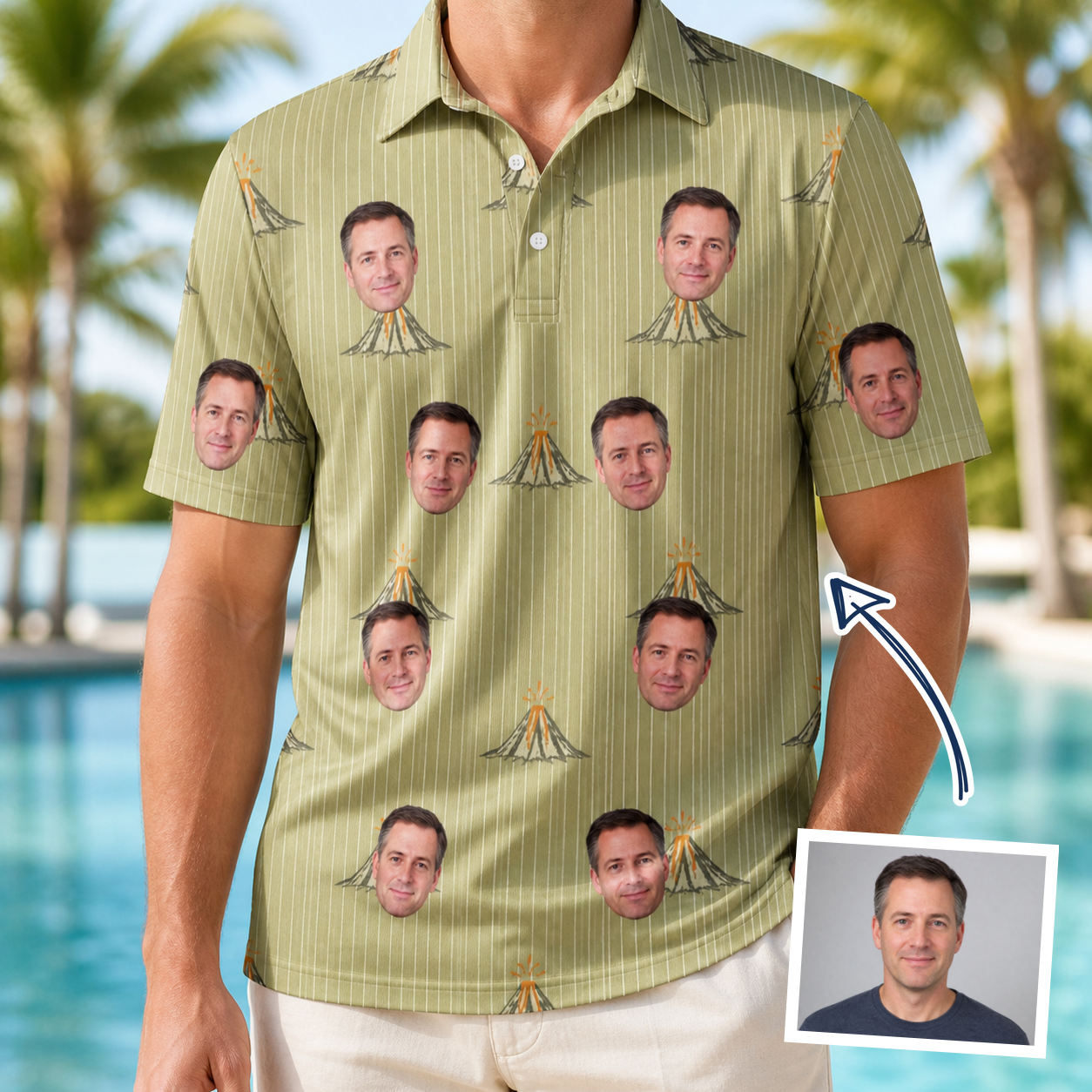 Man wearing Men's Cinder Calypso Custom Face Polo Shirt — custom faces printed all-over