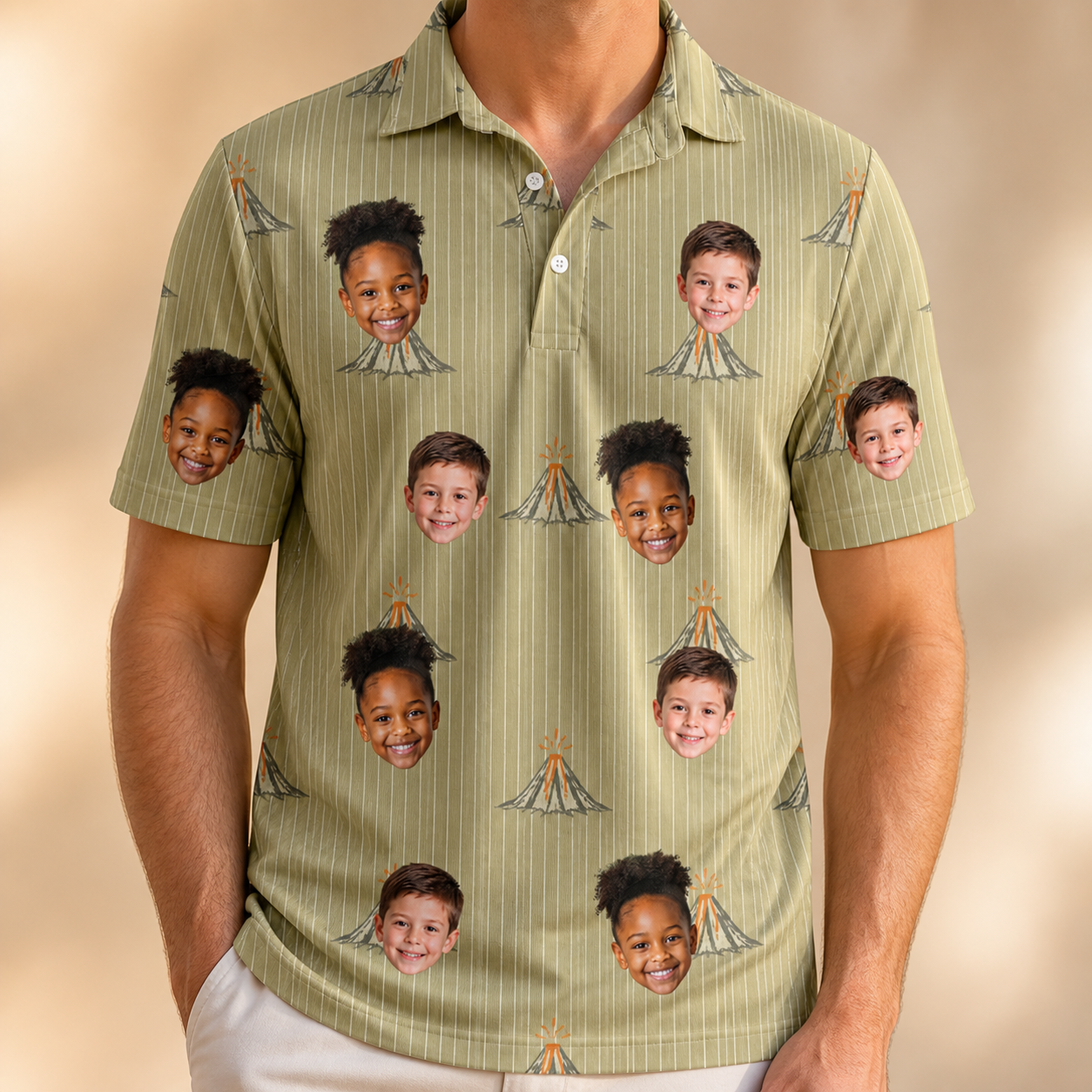 Model wearing Men's Cinder Calypso Custom Face Polo Shirt printed with kids' faces