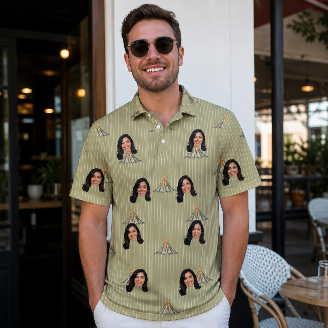 Real-life photo of someone wearing Men's Cinder Calypso Custom Face Polo Shirt — custom faces printed all-over