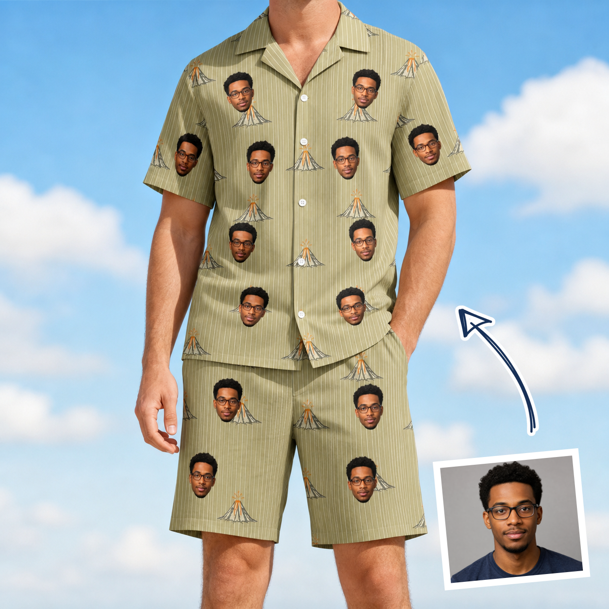 Man wearing Men's Cinder Calypso Custom Face Shirt & Shorts Set — custom faces printed all-over
