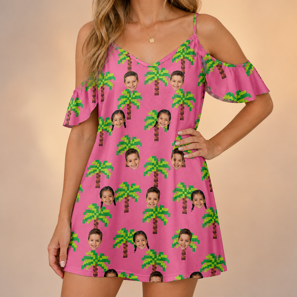 Model wearing Women's Sepia Sojourn Custom Face Off-Shoulder Dress printed with kids' faces