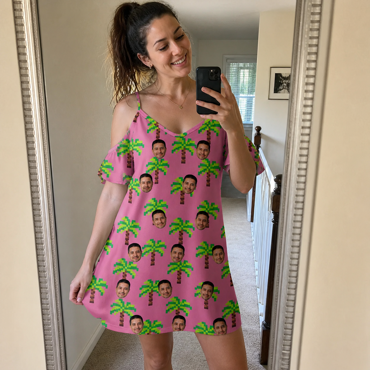 Real-life photo of someone wearing Women's Sepia Sojourn Custom Face Off-Shoulder Dress — custom faces printed all-over