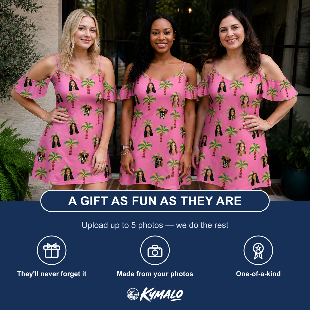 Friends in matching Women's Sepia Sojourn Custom Face Off-Shoulder Dress — a group gift photo