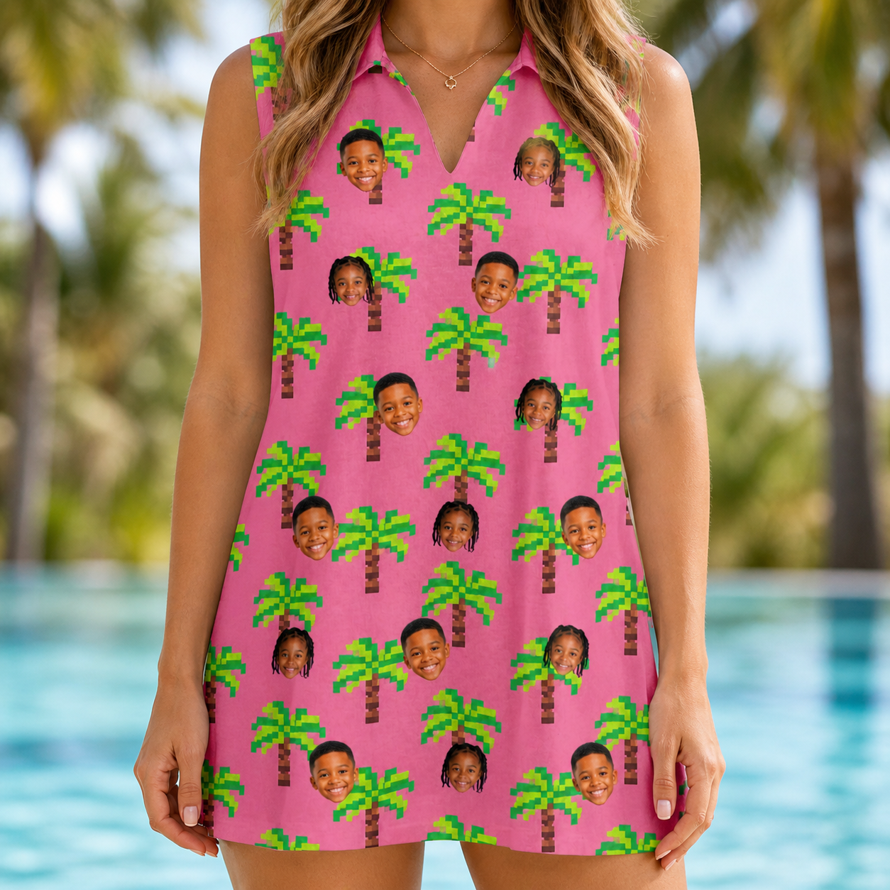 Model wearing Women's Sepia Sojourn Custom Face V-Neck Dress printed with kids' faces