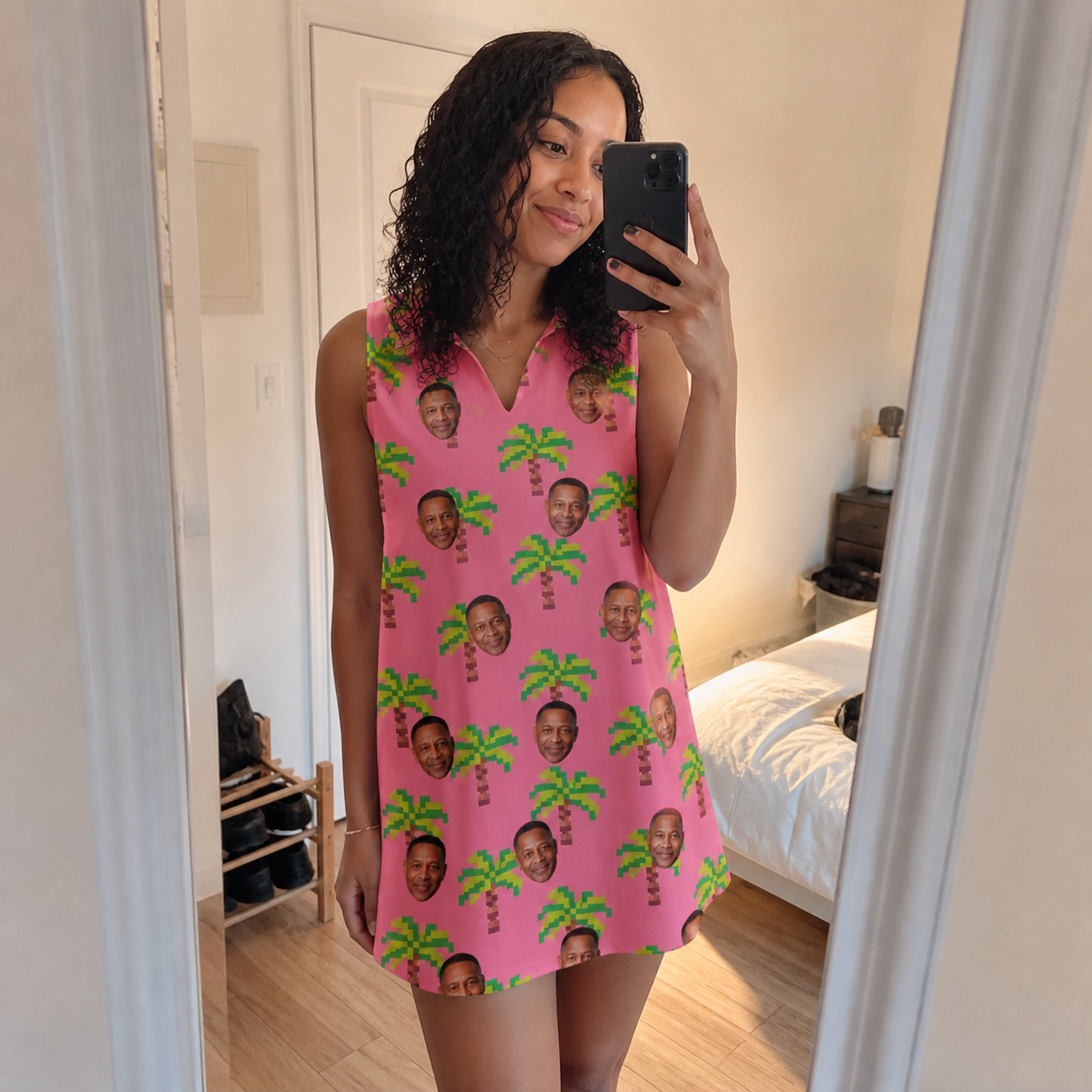 Real-life photo of someone wearing Women's Sepia Sojourn Custom Face V-Neck Dress — custom faces printed all-over