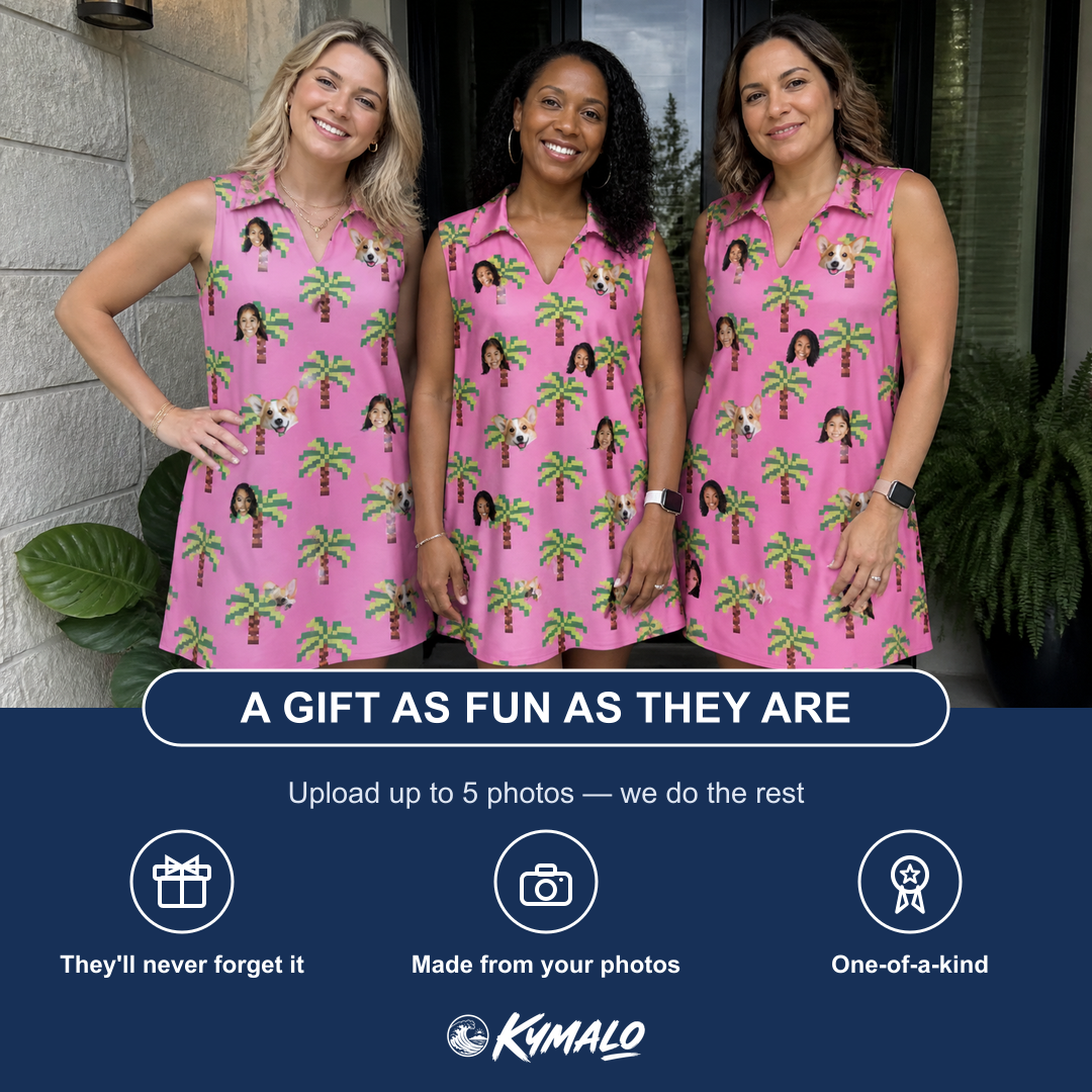 Friends in matching Women's Sepia Sojourn Custom Face V-Neck Dress — a group gift photo