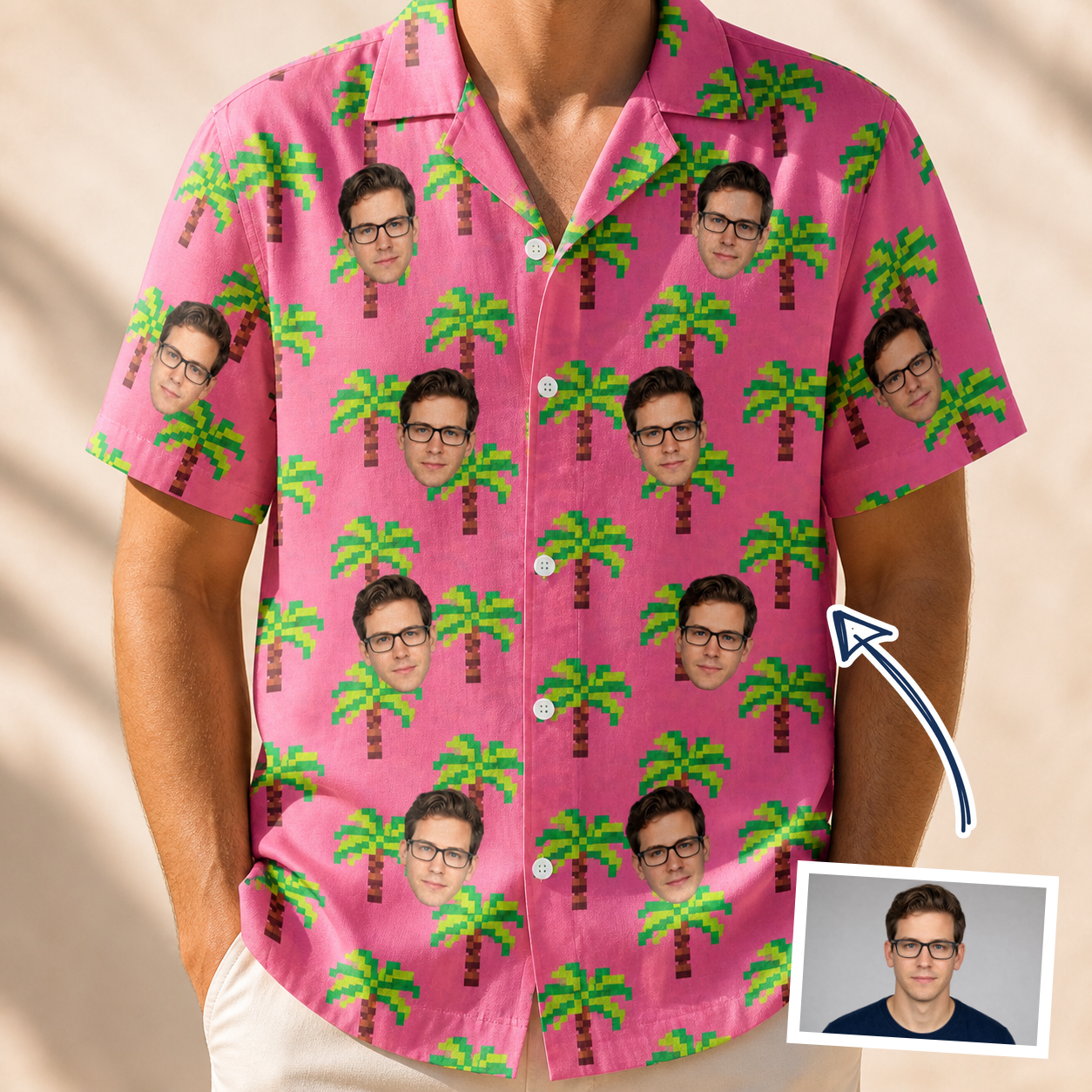 Man wearing Men's Sepia Sojourn Custom Face Hawaiian Shirt — custom faces printed all-over