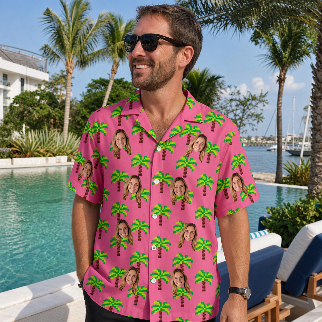 Real-life photo of someone wearing Men's Sepia Sojourn Custom Face Hawaiian Shirt — custom faces printed all-over