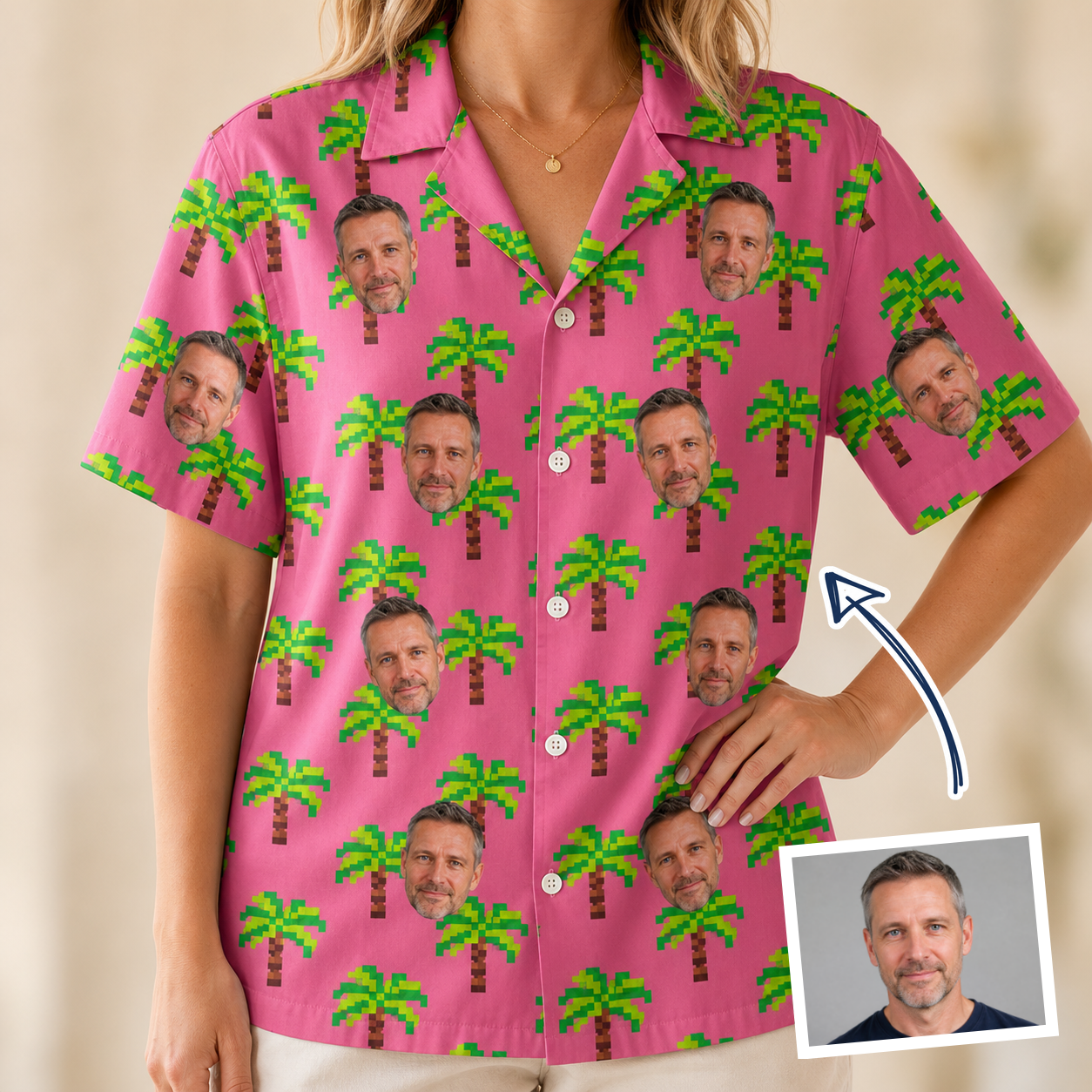 Woman wearing Women's Sepia Sojourn Custom Face Hawaiian Shirt — custom faces printed all-over