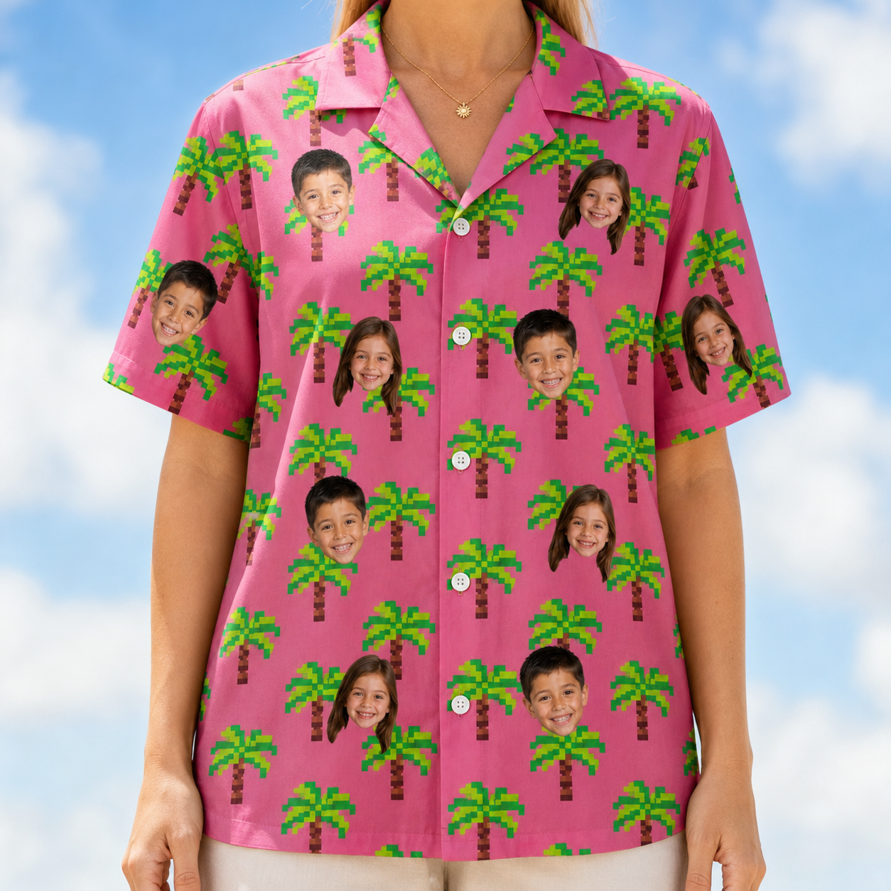 Model wearing Women's Sepia Sojourn Custom Face Hawaiian Shirt printed with kids' faces