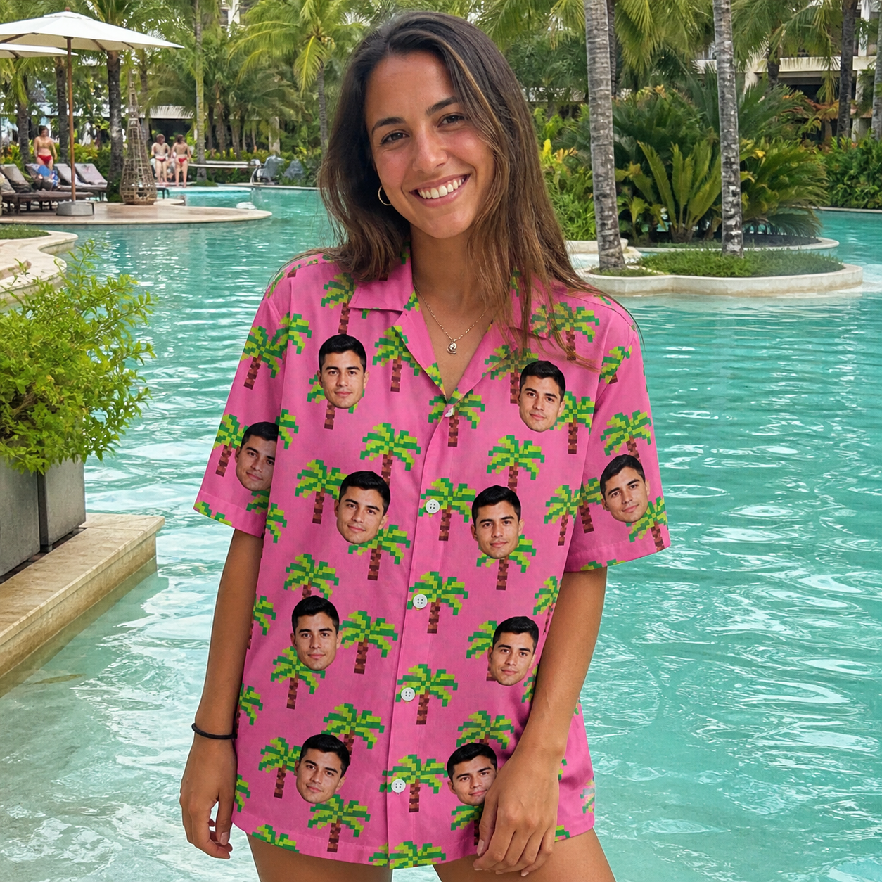 Real-life photo of someone wearing Women's Sepia Sojourn Custom Face Hawaiian Shirt — custom faces printed all-over