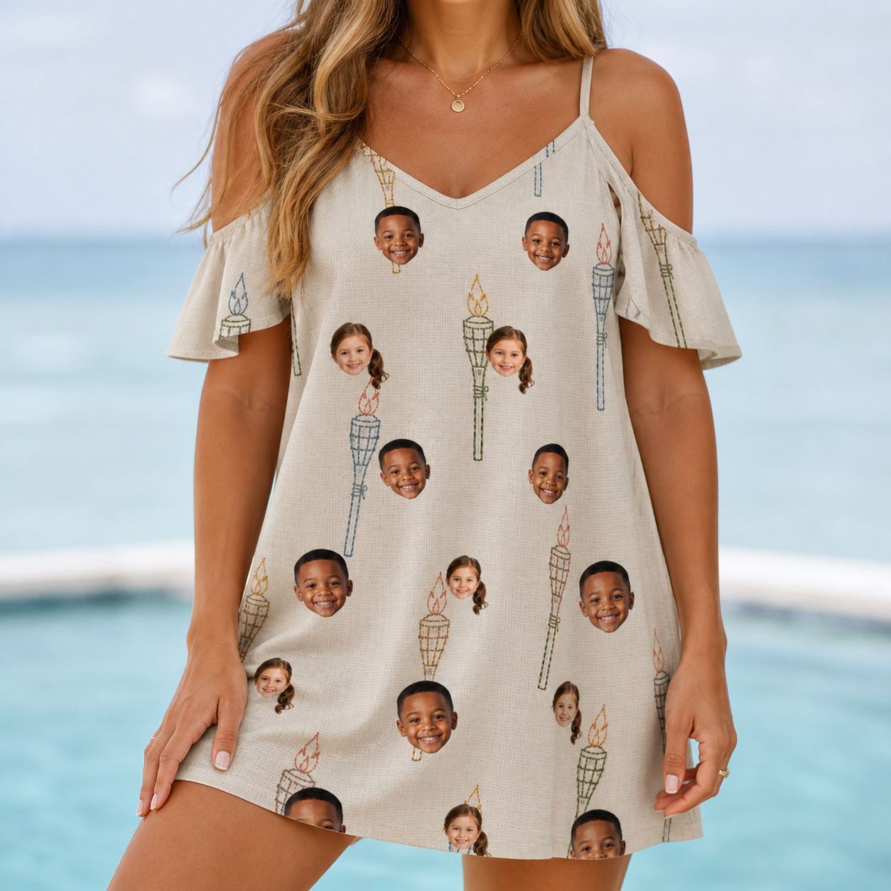 Model wearing Women's Brazier Bohemia Custom Face Off-Shoulder Dress printed with kids' faces