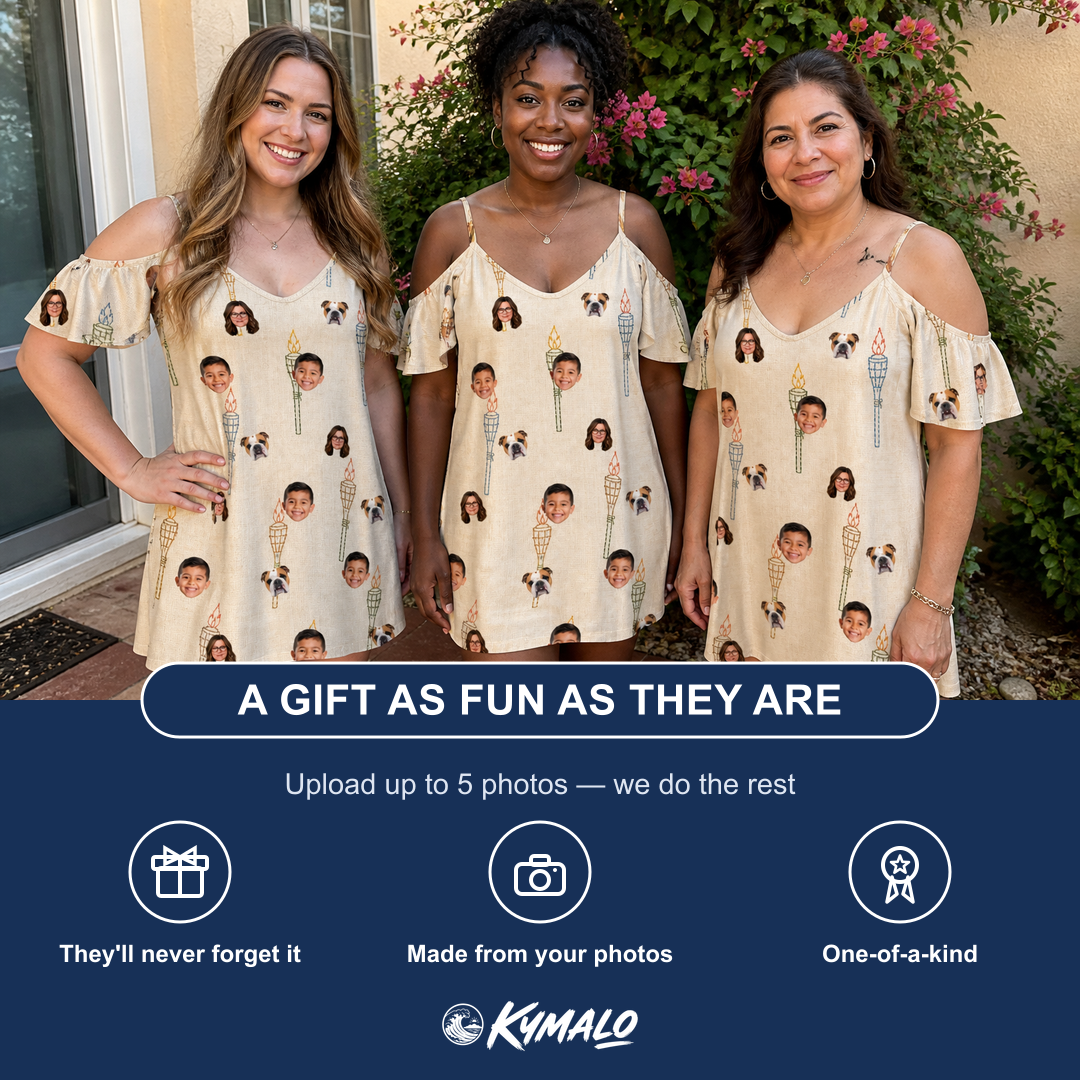 Friends in matching Women's Brazier Bohemia Custom Face Off-Shoulder Dress — a group gift photo