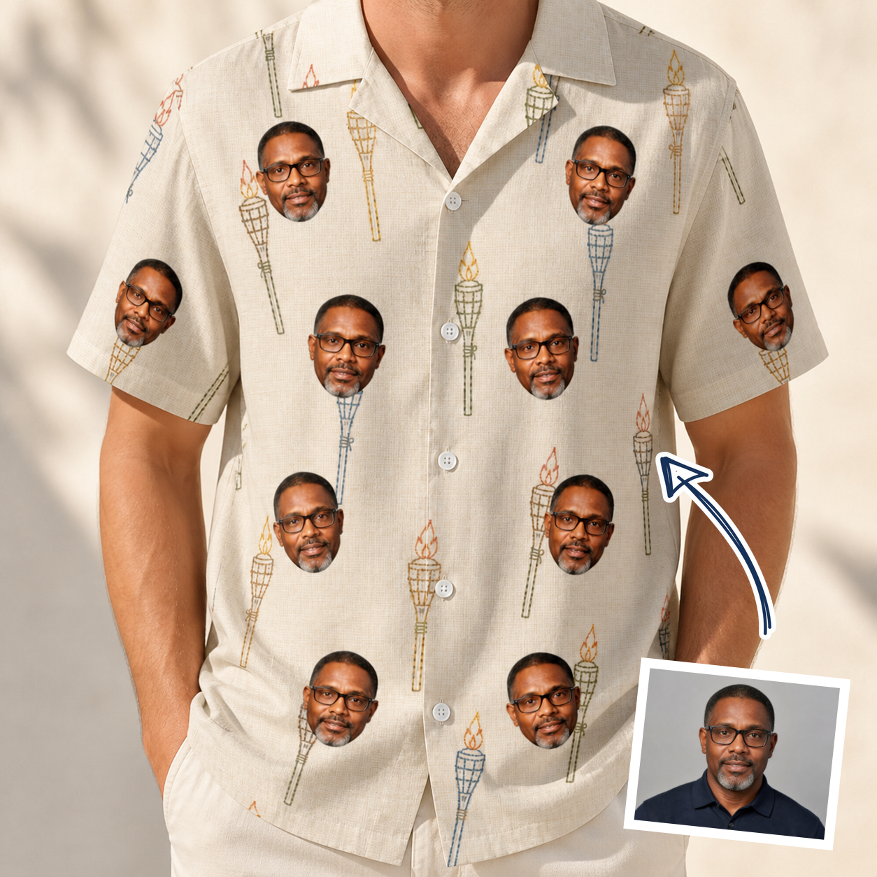 Man wearing Men's Brazier Bohemia Custom Face Hawaiian Shirt — custom faces printed all-over