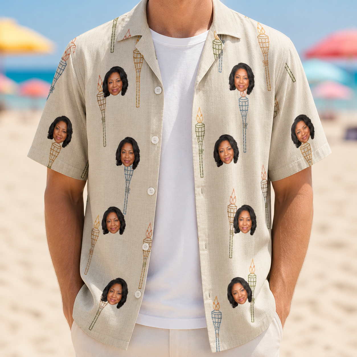Man wearing Men's Brazier Bohemia Custom Face Hawaiian Shirt open over a white tee