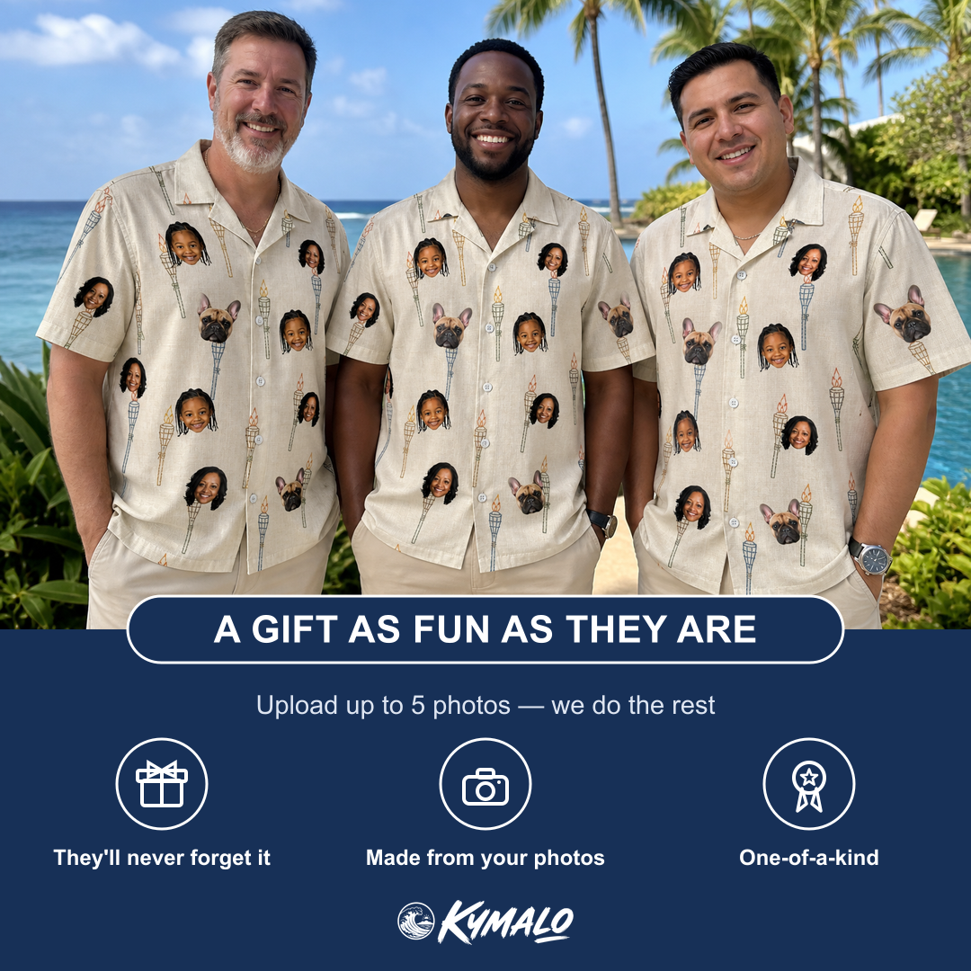 Friends in matching Men's Brazier Bohemia Custom Face Hawaiian Shirt — a group gift photo