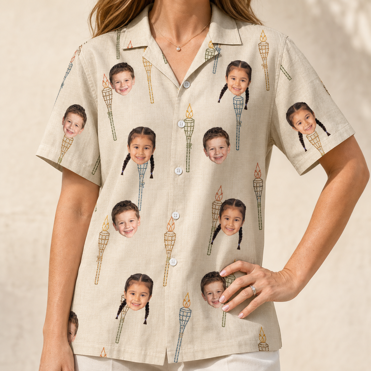 Model wearing Women's Brazier Bohemia Custom Face Hawaiian Shirt printed with kids' faces