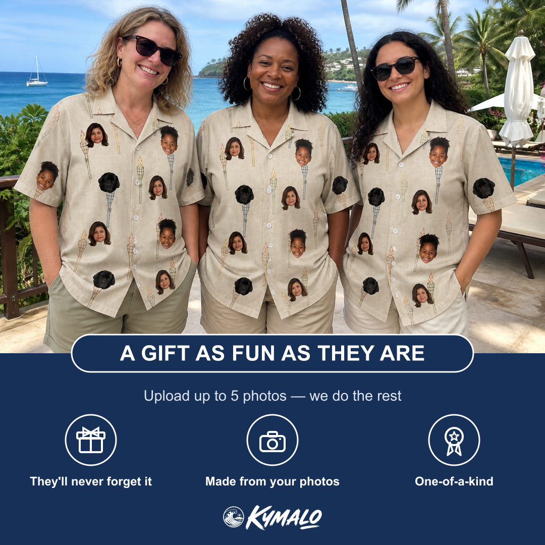 Friends in matching Women's Brazier Bohemia Custom Face Hawaiian Shirt — a group gift photo