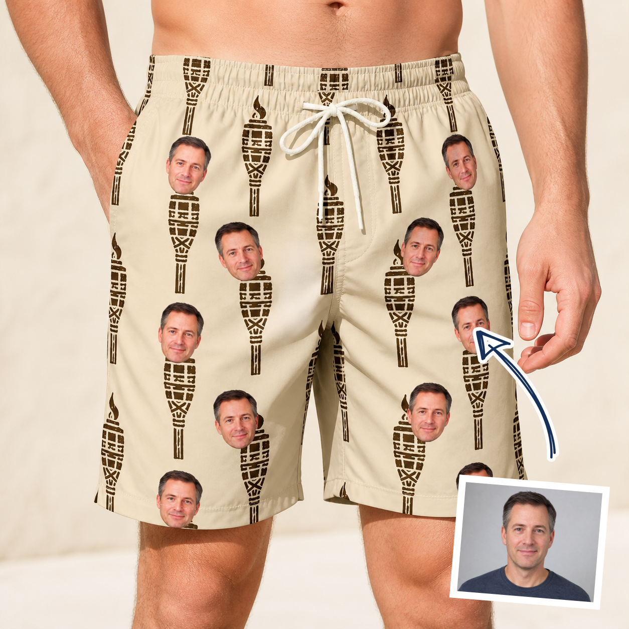 Man wearing Men's Rattan Radiance Custom Face Beach Shorts — custom faces printed all-over