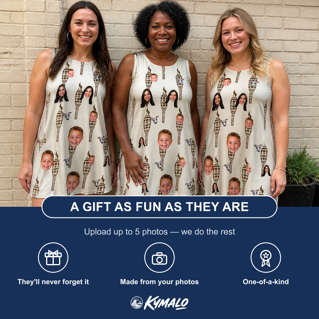Friends in matching Women's Rattan Radiance Custom Face Tank Dress — a group gift photo