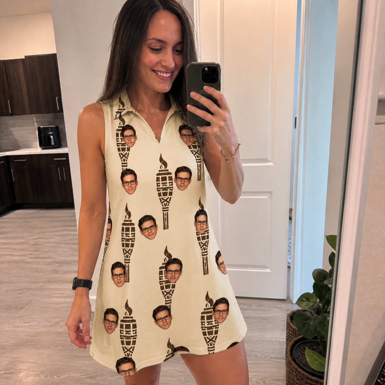Real-life photo of someone wearing Women's Rattan Radiance Custom Face V-Neck Dress — custom faces printed all-over
