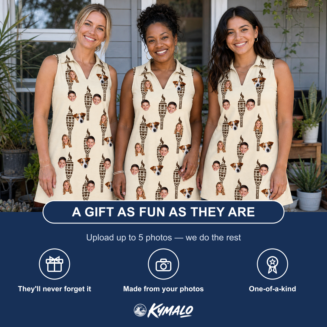 Friends in matching Women's Rattan Radiance Custom Face V-Neck Dress — a group gift photo