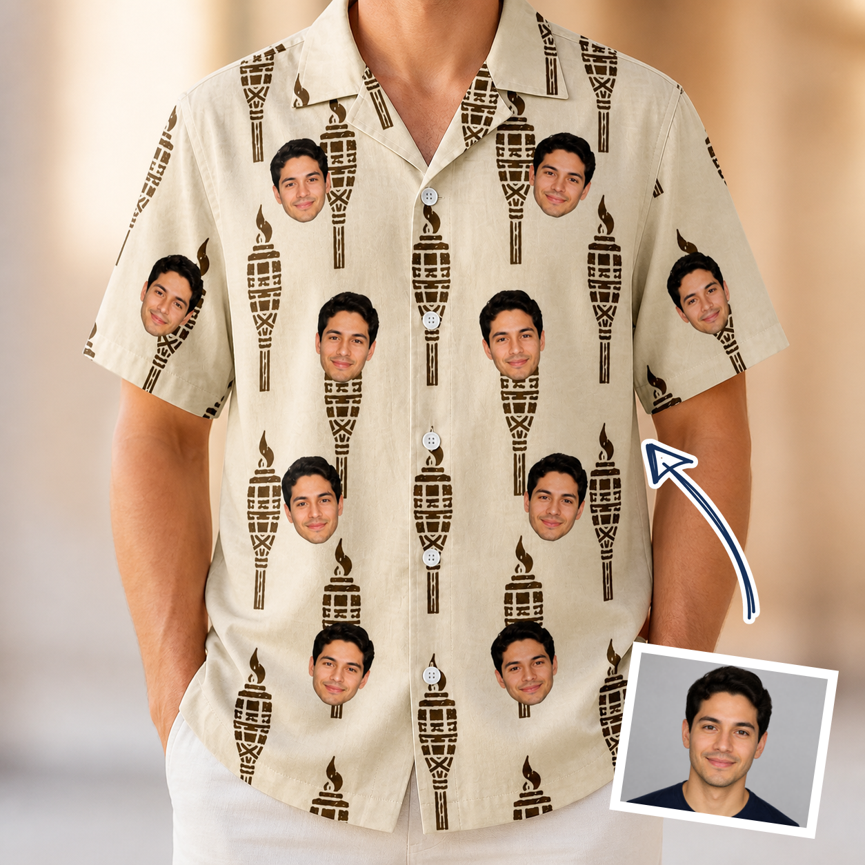 Man wearing Men's Rattan Radiance Custom Face Hawaiian Shirt — custom faces printed all-over