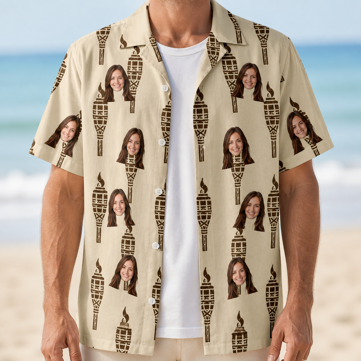 Man wearing Men's Rattan Radiance Custom Face Hawaiian Shirt open over a white tee