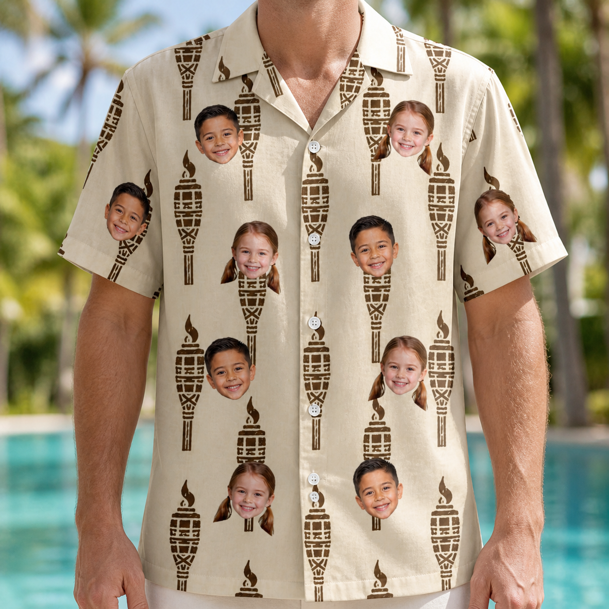 Model wearing Men's Rattan Radiance Custom Face Hawaiian Shirt printed with kids' faces
