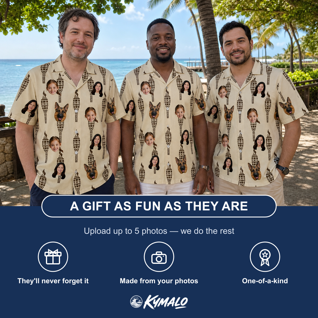 Friends in matching Men's Rattan Radiance Custom Face Hawaiian Shirt — a group gift photo
